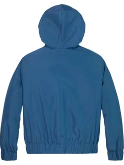 Coupe-vent à capuche zippé bleu uni avec une coupe droite et le logo imprimé