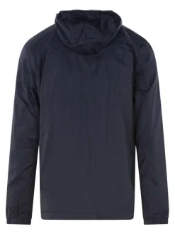 Coupe-vent à capuche bleu marine uni avec un col zippé et une coupe regular fit