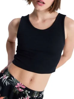 Crop top noir sans manche à coupe ajustée pourvu d'un col rond