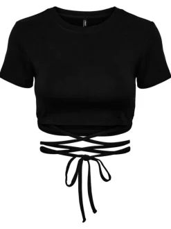 Crop top noir uni à col rond, manches courtes et cordon noir à nouer