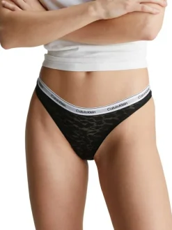 Culotte brésilienne noire en dentelle léopard avec le nom de la marque