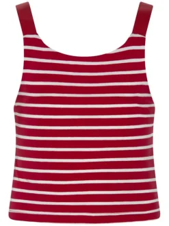 Débardeur en coton mélangé rouge rayé avec une coupe droite et un col rond