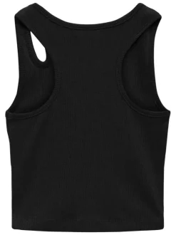 Débardeur en coton noir uni à coupe ajustée, col rond et côtelé