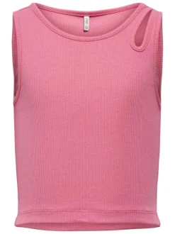 Débardeur en coton rose uni ajusté à col rond et ajouré à l'épaule