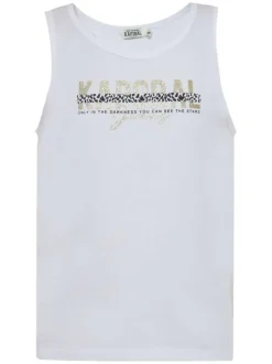Débardeur ajusté blanc en coton biologique uni à col rond et logo poitrine à bande léopard