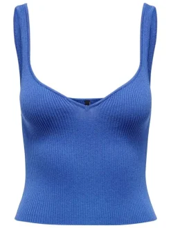 Débardeur bleu en maille jersey côtelée avec un col v et une coupe ajustée