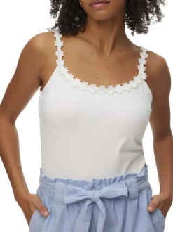 Débardeur en coton blanc uni pourvu de finitions avec des détails en fleurs