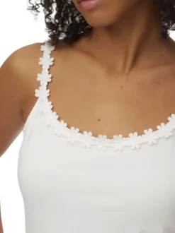 Débardeur en coton blanc uni pourvu de finitions avec des détails en fleurs