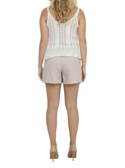Débardeur en coton mélangé beige uni en maille ajourée avec un col v