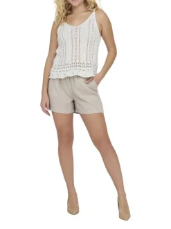 Débardeur en coton mélangé beige uni en maille ajourée avec un col v