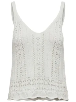 Débardeur en coton mélangé beige uni en maille ajourée avec un col v