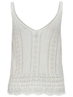 Débardeur en coton mélangé beige uni en maille ajourée avec un col v