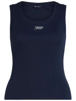 Débardeur en coton régénératif marine uni ajusté à col rond et marque brodée