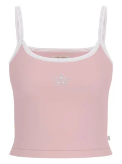 Débardeur en coton rose uni avec un col rond et une coupe droite
