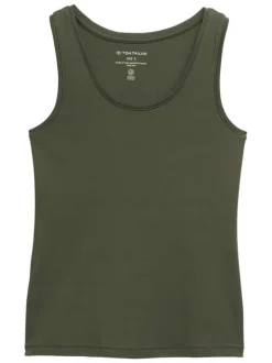 Débardeur en coton vert uni à coupe slim avec col décolleté rond