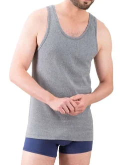 Débardeur gris uni en coton peigné avec une coupe droite et un col rond