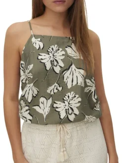 Débardeur kaki orné d'un motif floral et pourvu de fines bretelles