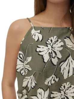 Débardeur kaki orné d'un motif floral et pourvu de fines bretelles