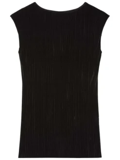 Débardeur noir uni avec une coupe ajustée et un col rond effet plissé