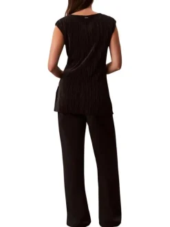 Débardeur noir uni avec une coupe ajustée et un col rond effet plissé