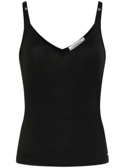 Débardeur noir uni avec une coupe droite à col v et logo de la marque