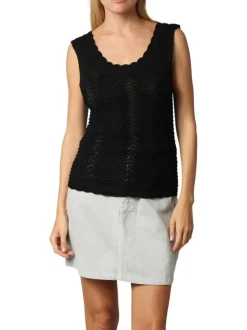 Débardeur noir uni en crochet ajouré avec une coupe ajustée et un col rond