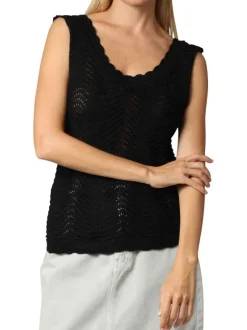 Débardeur noir uni en crochet ajouré avec une coupe ajustée et un col rond
