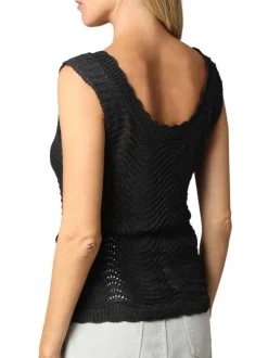 Débardeur noir uni en crochet ajouré avec une coupe ajustée et un col rond