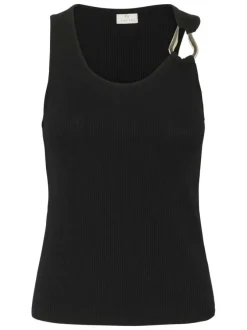 Débardeur noir uni en maille côtelée avec une coupe ajustée et un col rond