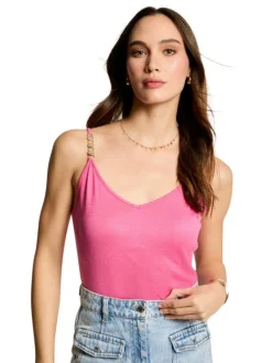 Débardeur rose uni à coupe ajustée, col v et à bretelles avec bijoux décoratifs