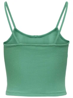 Débardeur vert en coton uni coupe crop top col rond à bretelles boutonné
