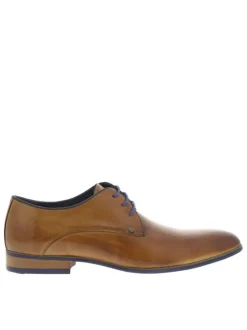 Derbies en cuir camel avec un talon décroché bas et des lacets ronds bleus