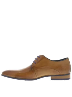 Derbies en cuir camel avec un talon décroché bas et des lacets ronds bleus