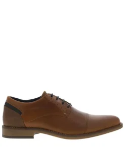 Derbies en cuir cognac et marine à talon plat avec des lacets ronds