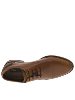 Derbies en cuir cognac et marine à talon plat avec des lacets ronds