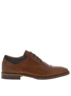Derbies en cuir cognac à talon décroché bas et à lacets ronds bleus