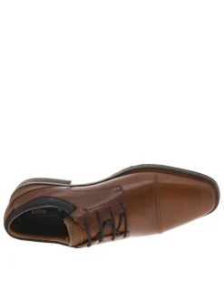 Derbies en cuir cognac à talon décroché bas et à lacets ronds bleus