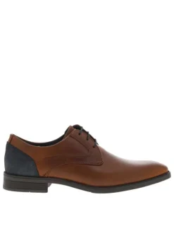 Derbies en cuir cognac à talon décroché bas et à lacets ronds bleus