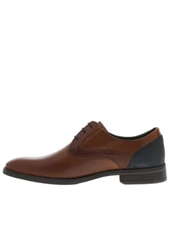 Derbies en cuir cognac à talon décroché bas et à lacets ronds bleus