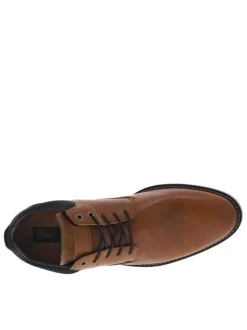 Derbies en cuir cognac à talon plat et à lacets ronds bleu marine