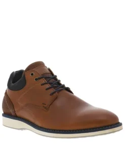 Derbies en cuir cognac à talon plat et à lacets ronds bleu marine