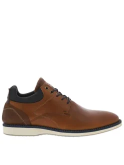 Derbies en cuir cognac à talon plat et à lacets ronds bleu marine