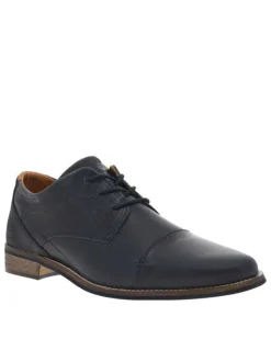 Derbies en cuir lisse bleu marine à talon décroché bas et à lacets ronds