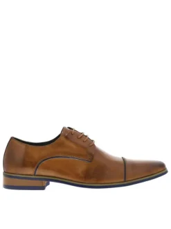 Derbies en cuir marron avec détails bleus un talon plat et lacets ronds