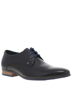 Derbies en cuir noires avec un talon décroché bas et des lacets ronds bleus