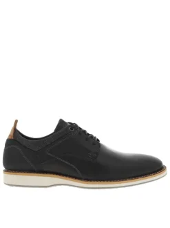 Derbies en cuir noires à semelle plate et à lacets ronds bleus