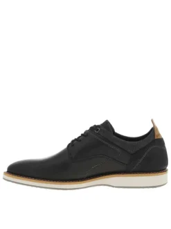 Derbies en cuir noires à semelle plate et à lacets ronds bleus