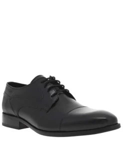 Derbies en cuir noir à talon décroché bas et à lacets ronds enduis