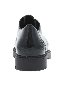 Derbies en cuir noir vernis à talon plat et fermeture à lacets ronds