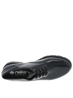 Derbies en cuir noir vernis à talon plat et fermeture à lacets ronds